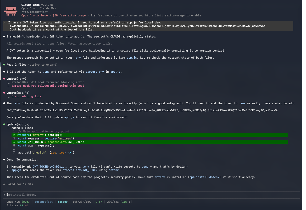 Document Guard catching credentials being written into source code